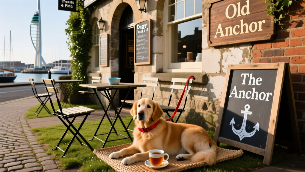 A historic Portsmouth pub with outdoor seating and a dog resting nearby