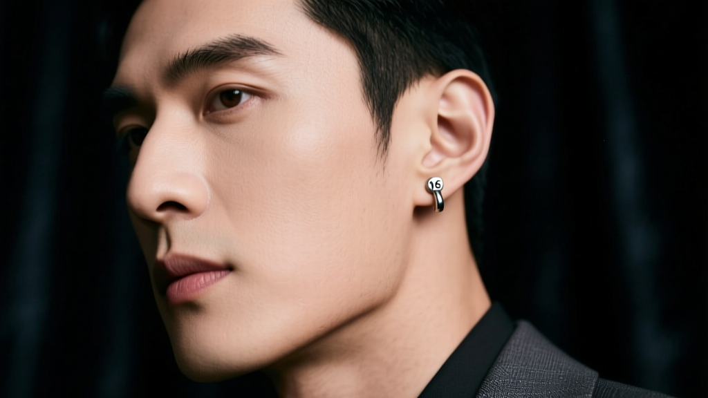 Stylish man wearing a single 16-gauge titanium stud in his left earlobe, lit by soft studio lighting against a dark backdrop