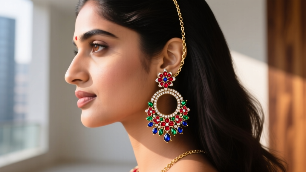 Side profile of a woman wearing a heavy Kundan Indian hoop earring supported by a delicate gold chain attached to her hair.