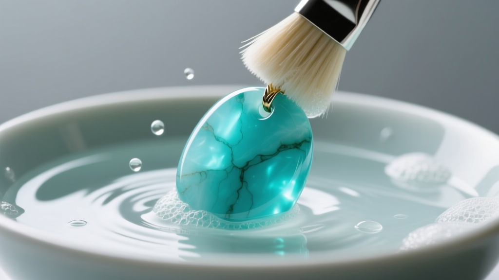 Soft brush gently scrubbing a large turquoise mega stone pendant in a bowl of lukewarm soapy water under bright studio lighting.