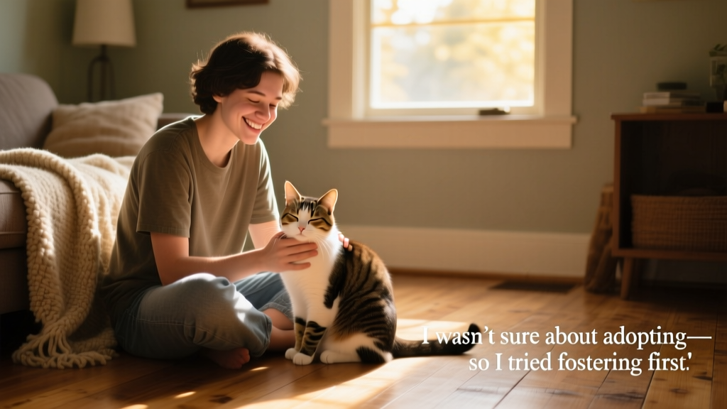 A smiling person sitting on the floor, gently petting Domino as he leans into the touch, both relaxed and happy
