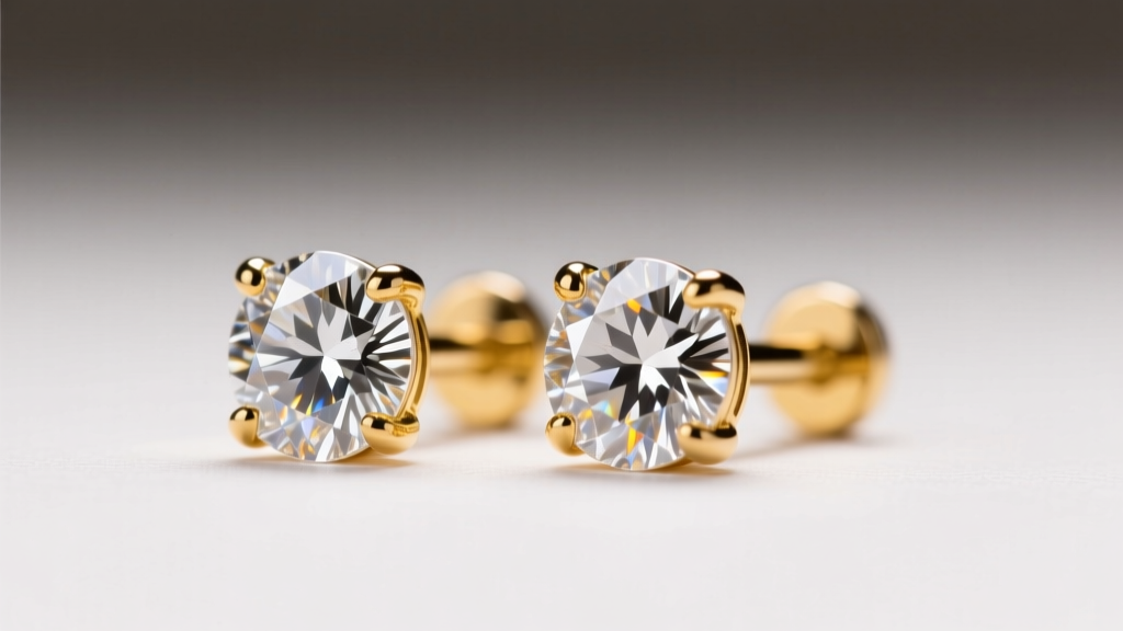Macro shot of natural and lab-grown dainty diamond studs showing identical brilliance, facets, and 14k yellow gold earring posts