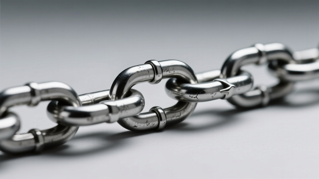 Close-up of 16-gauge steel curb chain with lobster clasp, showing precise jump ring connection on a neutral gray backdrop