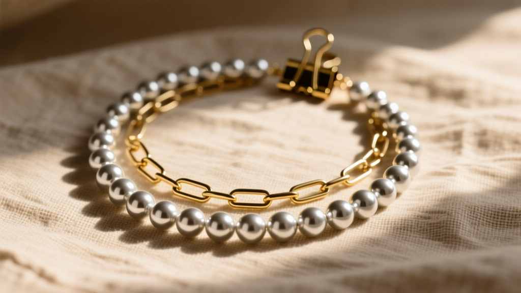 Flat lay of a 90s silver ball bead necklace layered with a modern gold paperclip chain on textured linen under natural sunlight.