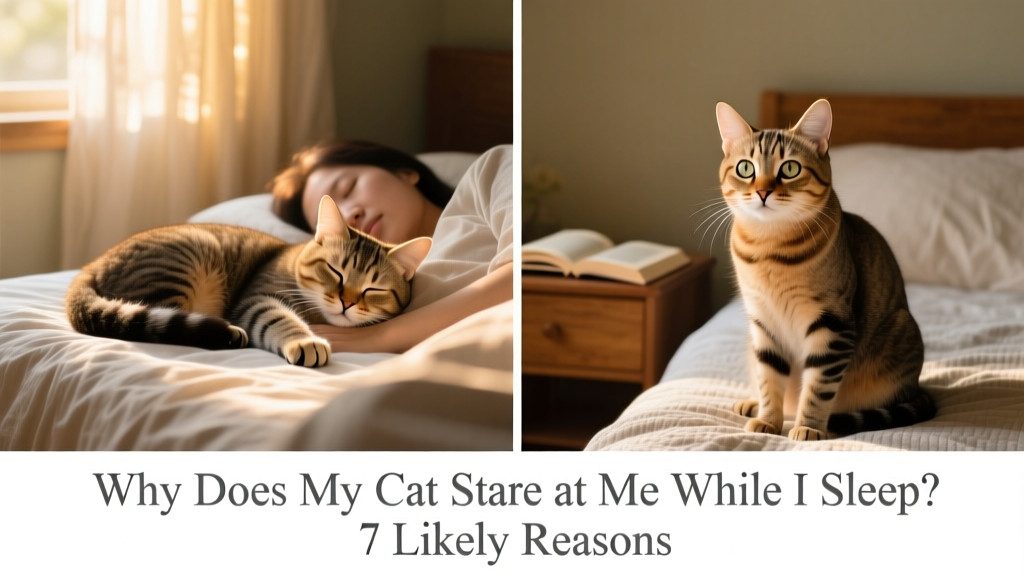 Side-by-side comparison: a relaxed cat resting near a sleeping person versus the same cat sitting upright, eyes wide and focused