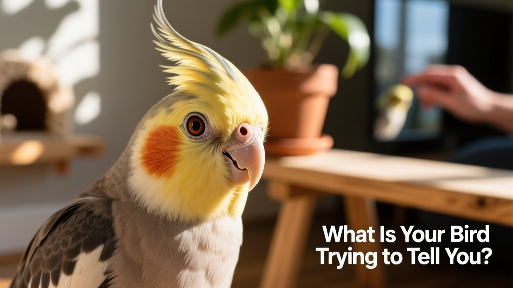 Close-up of a cockatiel making eye contact, showing clear pupil dilation and constriction