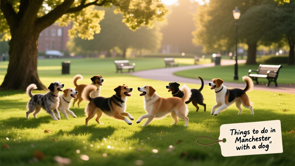 A group of dogs playing together in a sun-dappled corner of Heaton Park, with lush grass, mature trees, and distant park benches visible