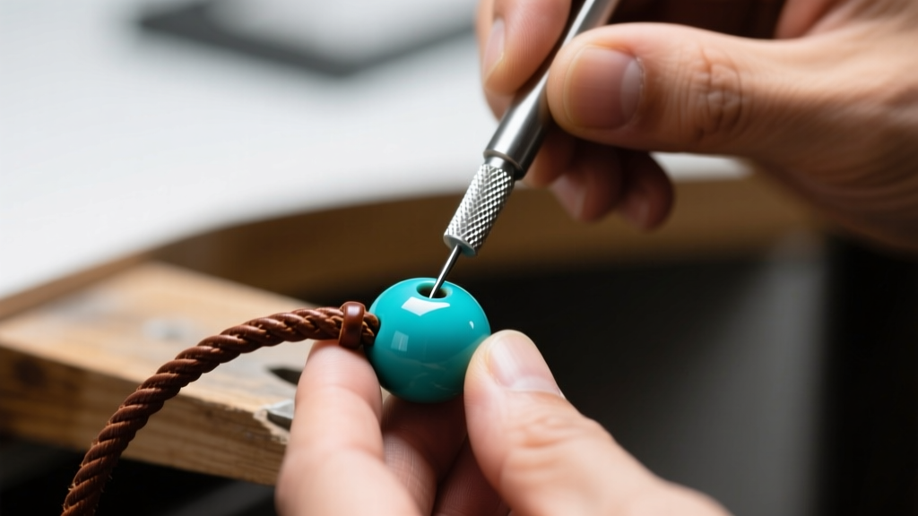 Close-up of a jeweler using a diamond reamer to widen a turquoise bead hole, preventing fraying on a thick leather scarf cord