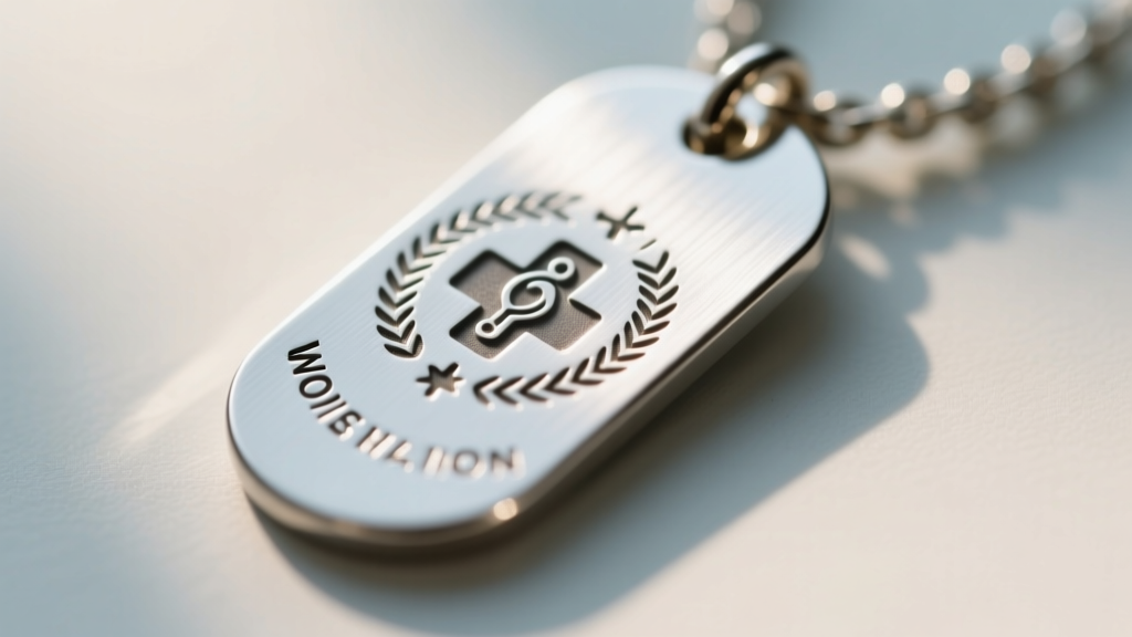 Macro shot of a titanium medical alert tag for women, showing deep rotary engraving, brushed metal finish, and crisp text contrast.