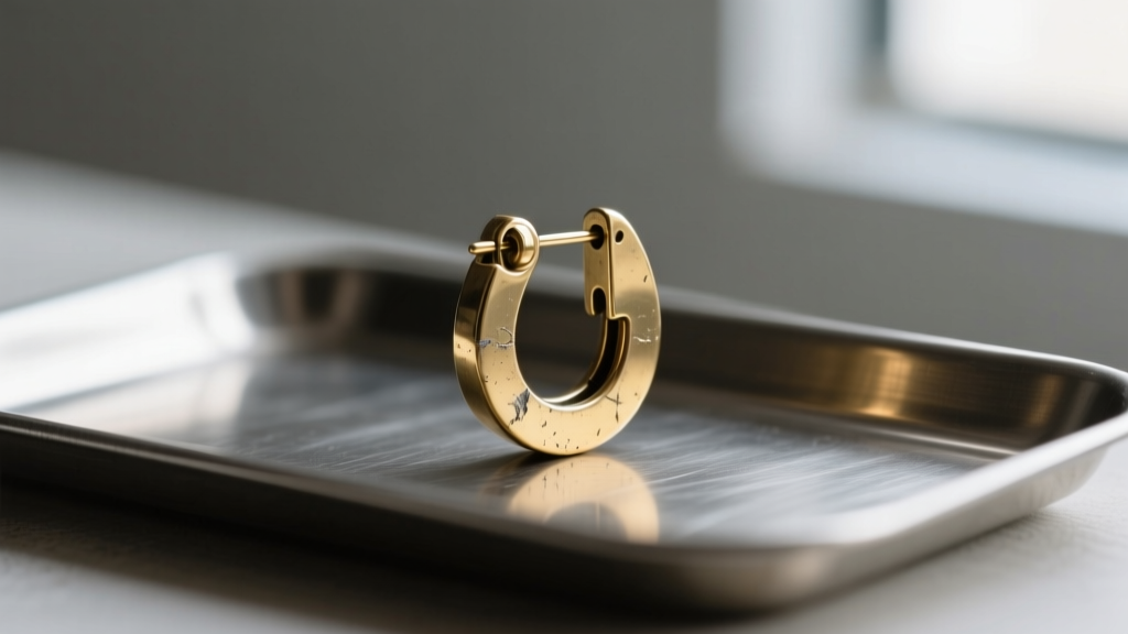 Side profile of a budget brass latch-back earring showing wear on the catch groove, resting on a steel jeweler