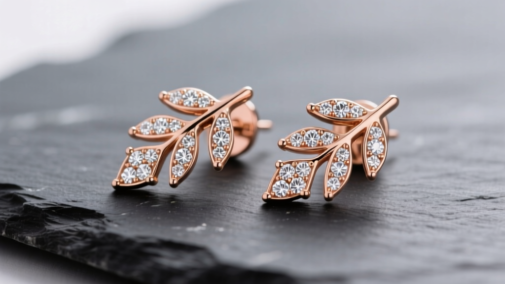 18k rose gold Pasquale Bruni Petit Jardin leaf earrings paved with white diamonds on dark slate under soft studio lighting.