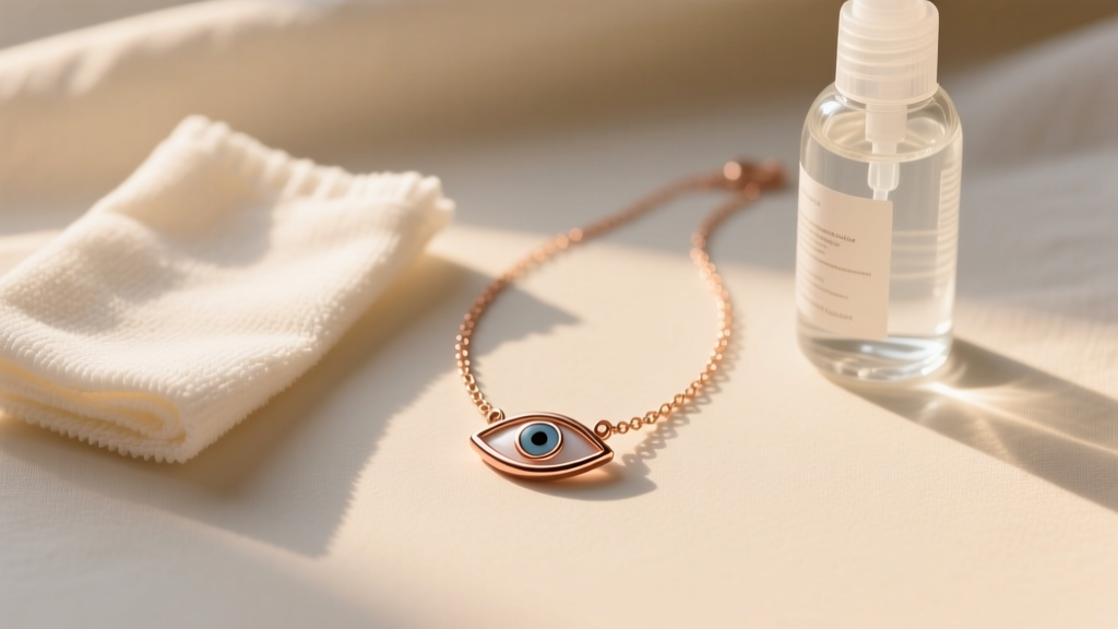 Flat lay of a rose gold vermeil evil eye necklace beside a microfiber polishing cloth and cleaning solution in warm light.