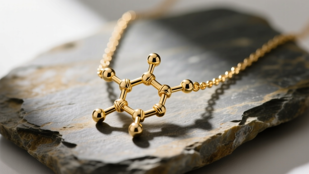 Macro photo of a 14k gold serotonin molecule necklace on slate, showing intricate solder joints and a polished finish.