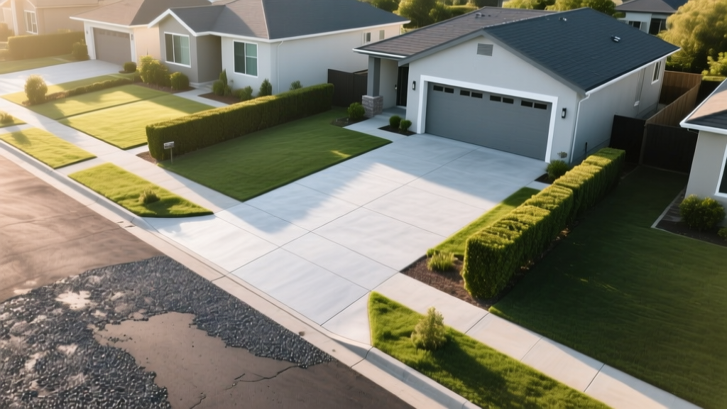 Aerial view of a fresh light gray concrete driveway meeting a dark asphalt street in a modern suburban residential neighborhood.