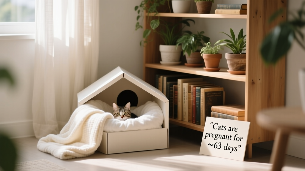 A serene, clean nesting box lined with soft blankets, placed in a quiet corner of a home