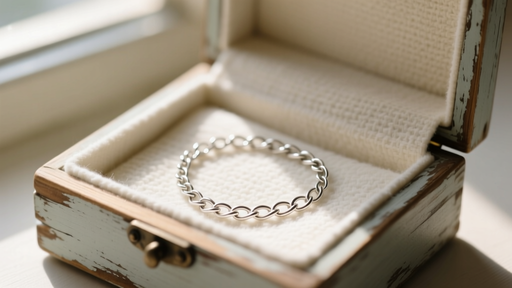Interior of a shabby chic jewelry box lined with unbleached anti-tarnish cotton flannel holding a delicate sterling silver chain