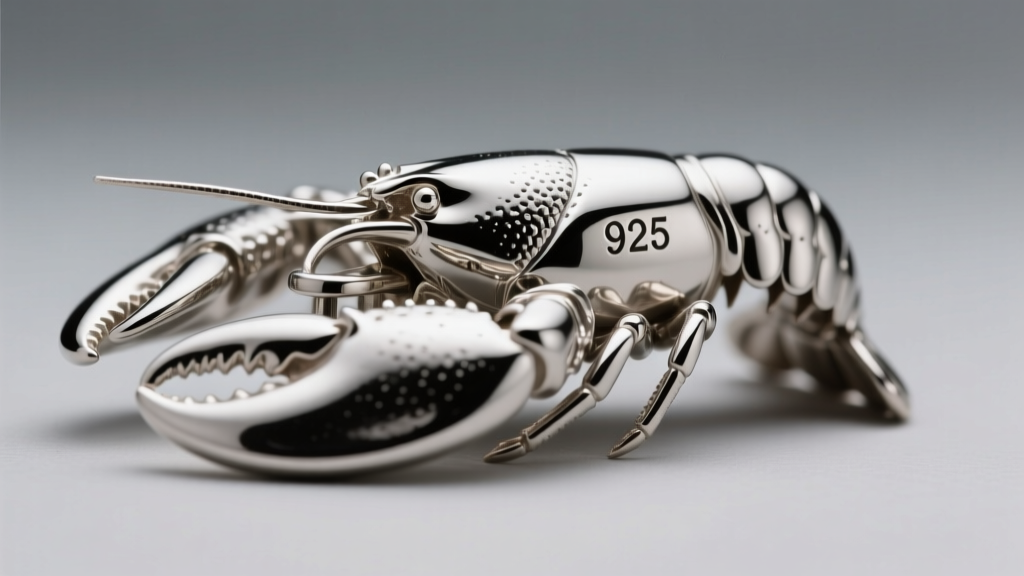 Macro shot of a silver lobster clasp showing the 925 hallmark stamp, featuring a rhodium-plated finish in soft studio light.