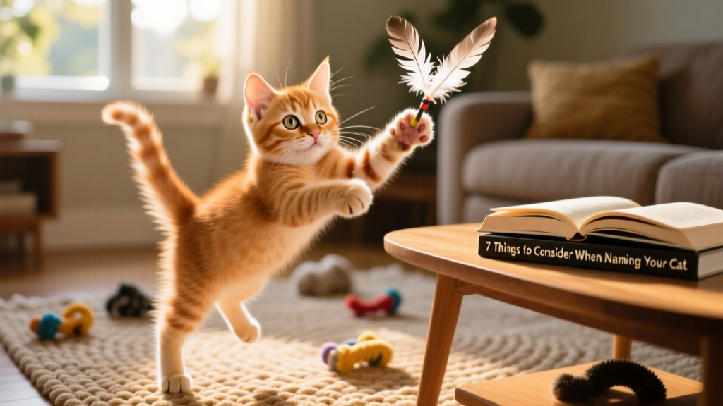 A playful kitten batting at a feather toy, eyes bright and tail flicking