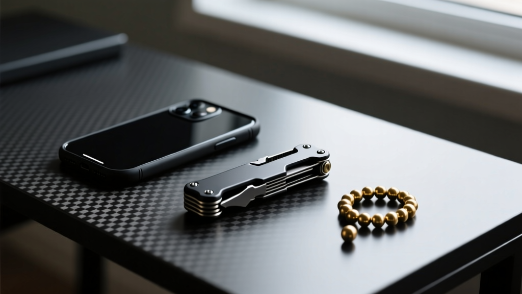 A sleek, matte-black titanium multi tool resting on a carbon fiber desk next to a smartphone and a set of brass EDC beads in moody lighting