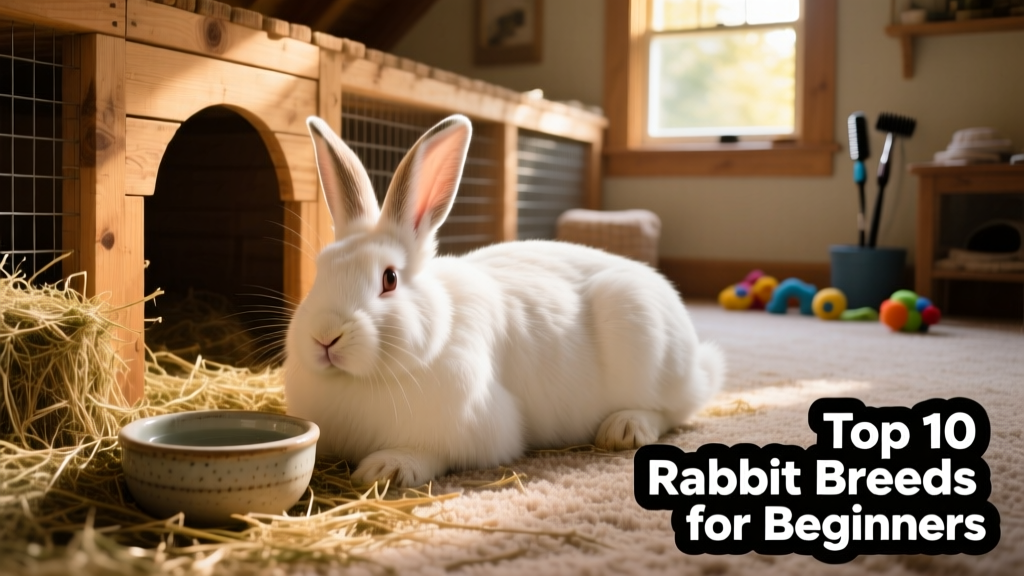 A massive, calm Flemish Giant rabbit resting beside a large, sturdy enclosure with hay and water nearby