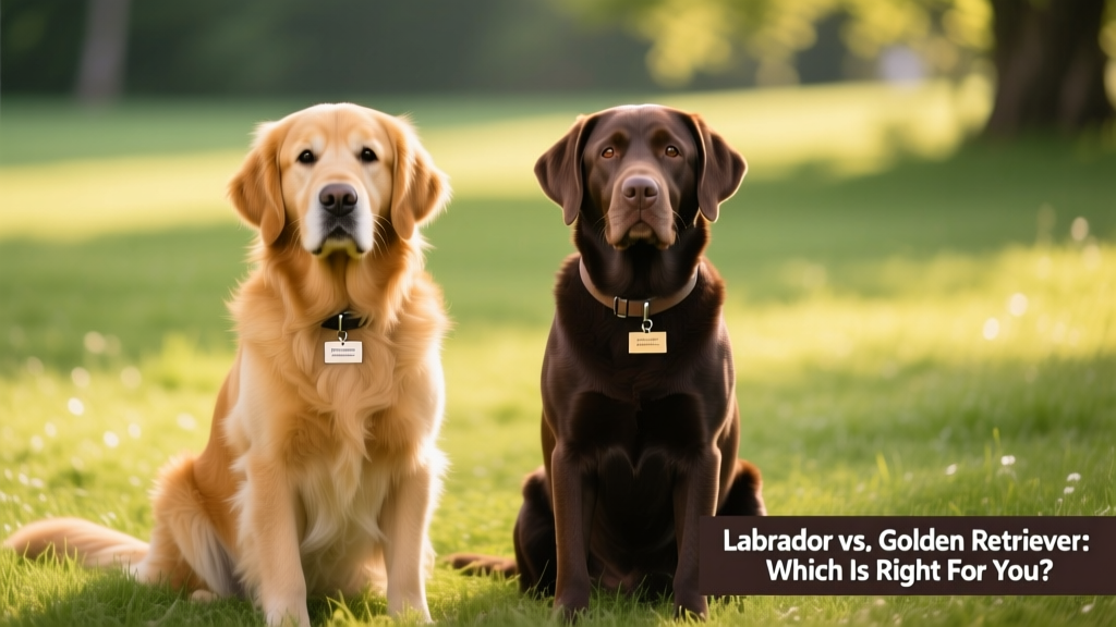 Side-by-side comparison of a golden retriever and a labrador retriever sitting calmly on grass