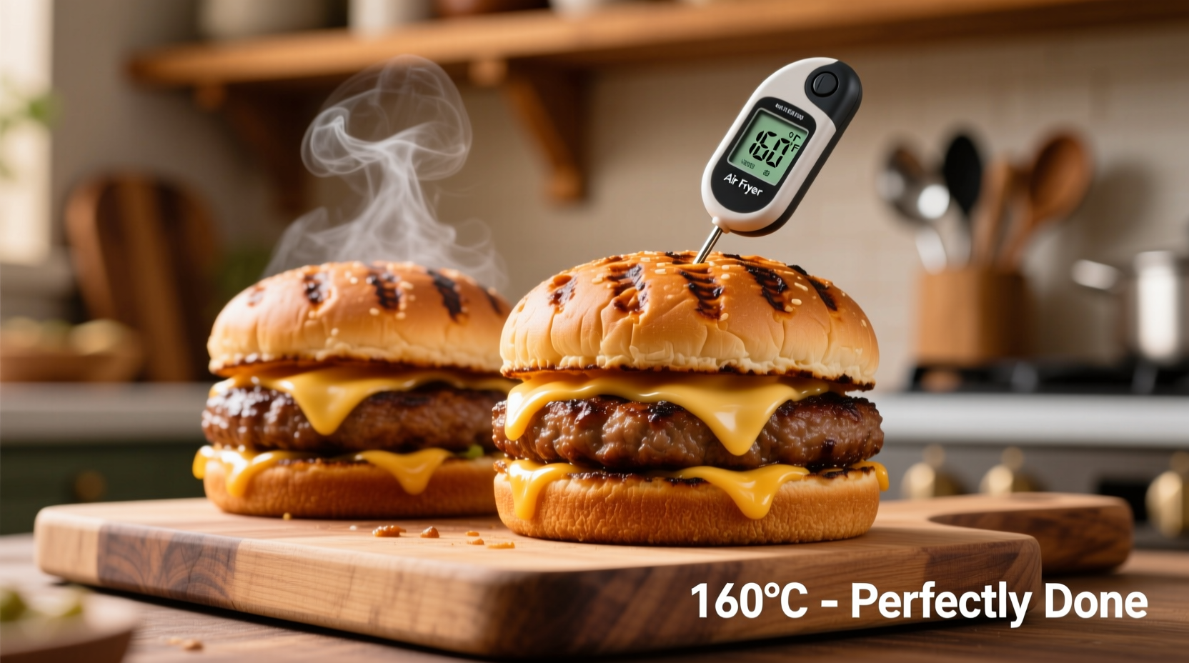 Perfectly cooked air fryer hamburgers with thermometer reading