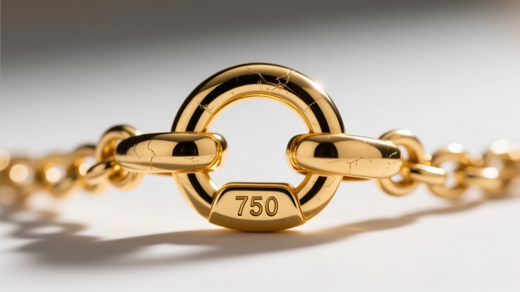 Extreme close-up of an 18k gold necklace lobster clasp, showing the tiny 750 hallmark stamp engraved on the metal jump ring.