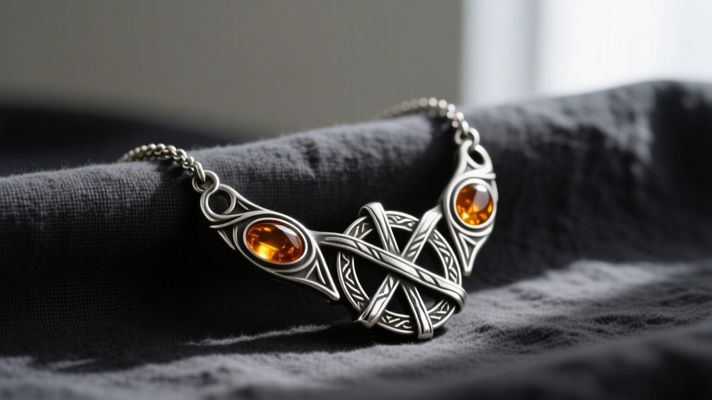 Oxidized sterling silver Freyja necklace with an amber-inlaid Brisingamen replica, resting elegantly on dark linen fabric