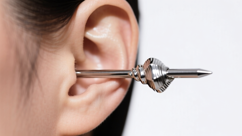 Close-up of a 14-gauge titanium straight barbell sword earring passing horizontally through a conch piercing, studio lighting.