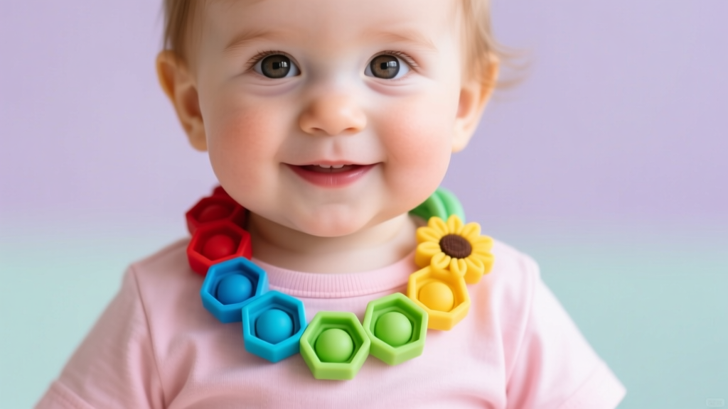Toddler wearing a vibrant, geometric food-grade silicone sensory necklace with hexagonal beads against a soft pastel cotton shirt