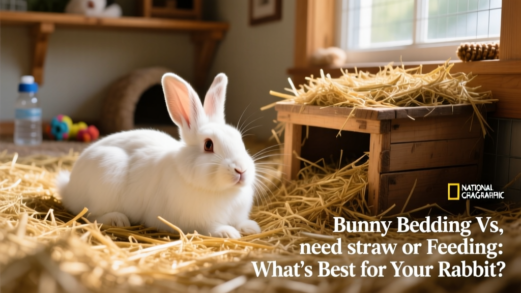 Happy rabbit lounging on a thick layer of clean straw bedding beside a hay-filled feeder