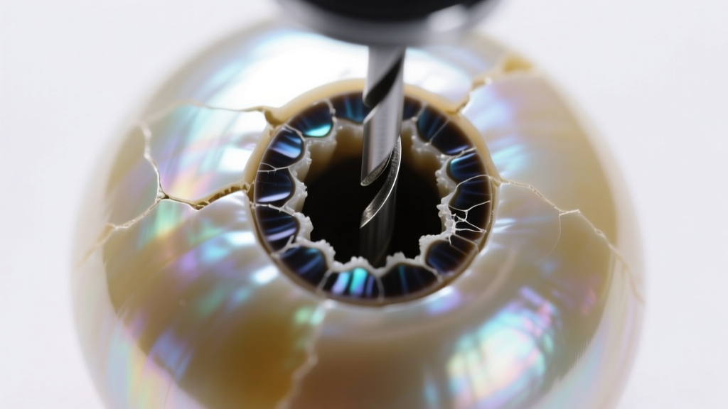 Microscope view of a pearl drill hole showing dark dye rings in nacre crevices, indicating an artificial color treatment process.