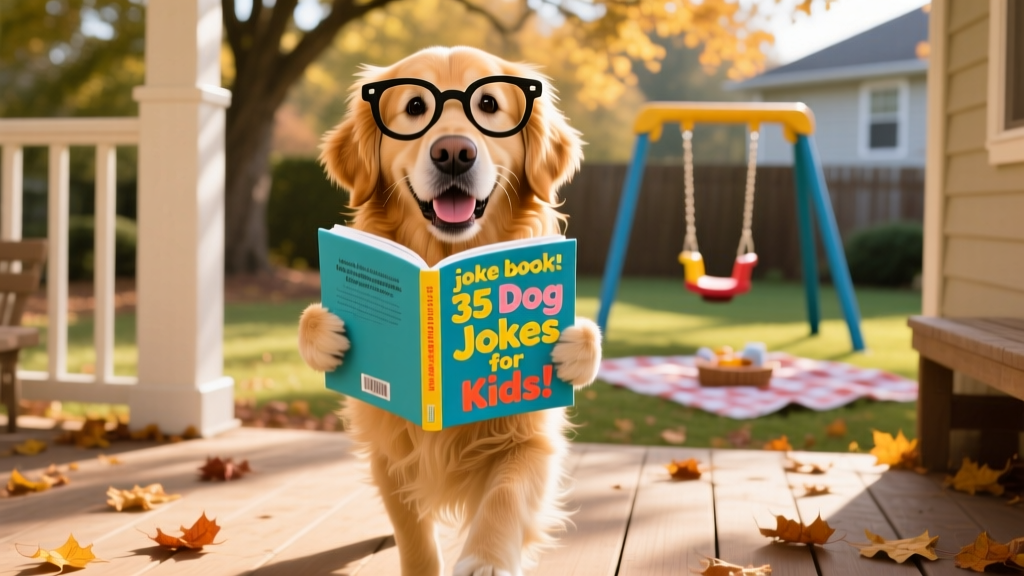 A golden retriever wearing silly glasses and holding a 'joke book' in its mouth