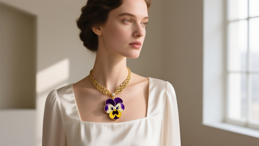 Model wearing a Victorian gold and enamel pansy pendant over a crisp white square-neck silk blouse in soft natural daylight.