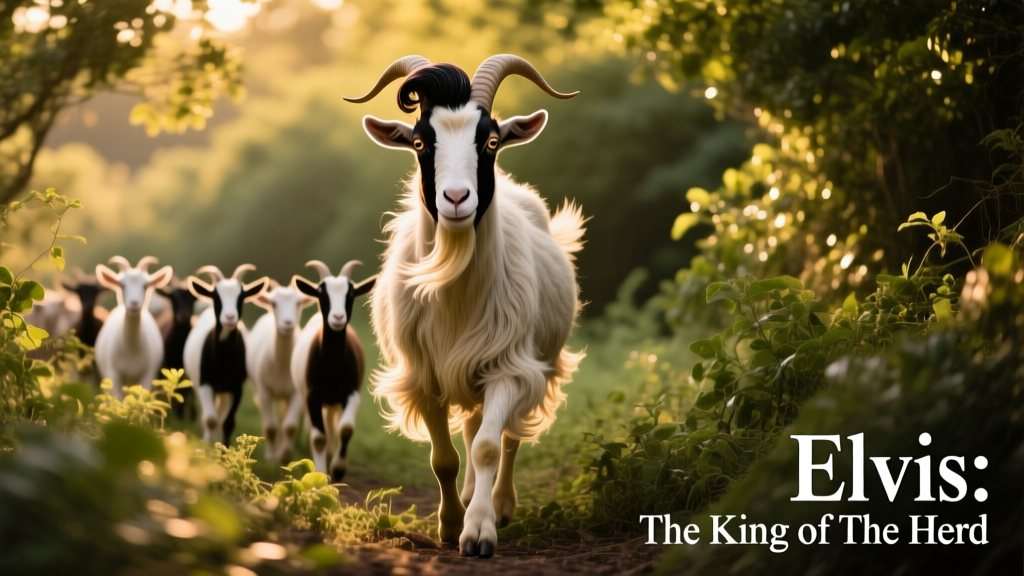 Elvis trotting confidently through dense underbrush, leading the rest of the goat herd behind him