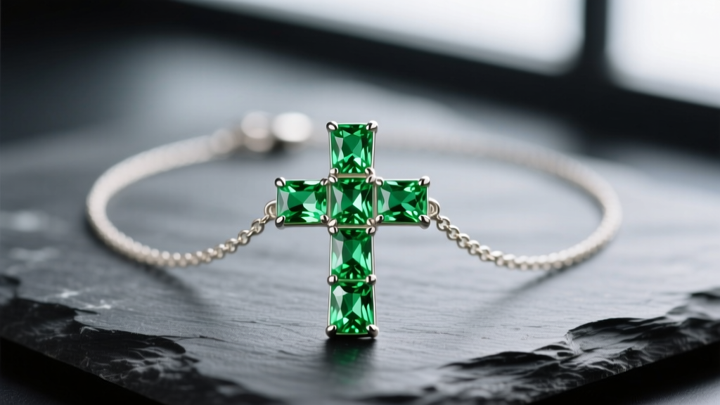 Macro shot of a 14k white gold peridot cross necklace with five emerald-cut stones on dark slate, highlighting vivid green hues.