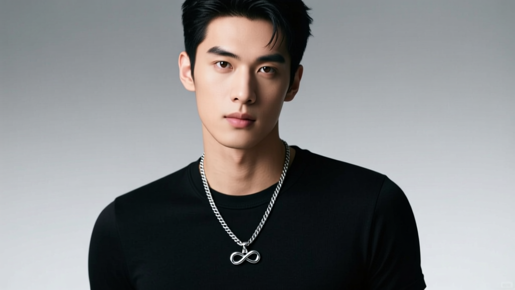 Man wearing a 4mm steel rope chain with an infinity stone pendant over a black t-shirt, lit by soft directional studio lighting.