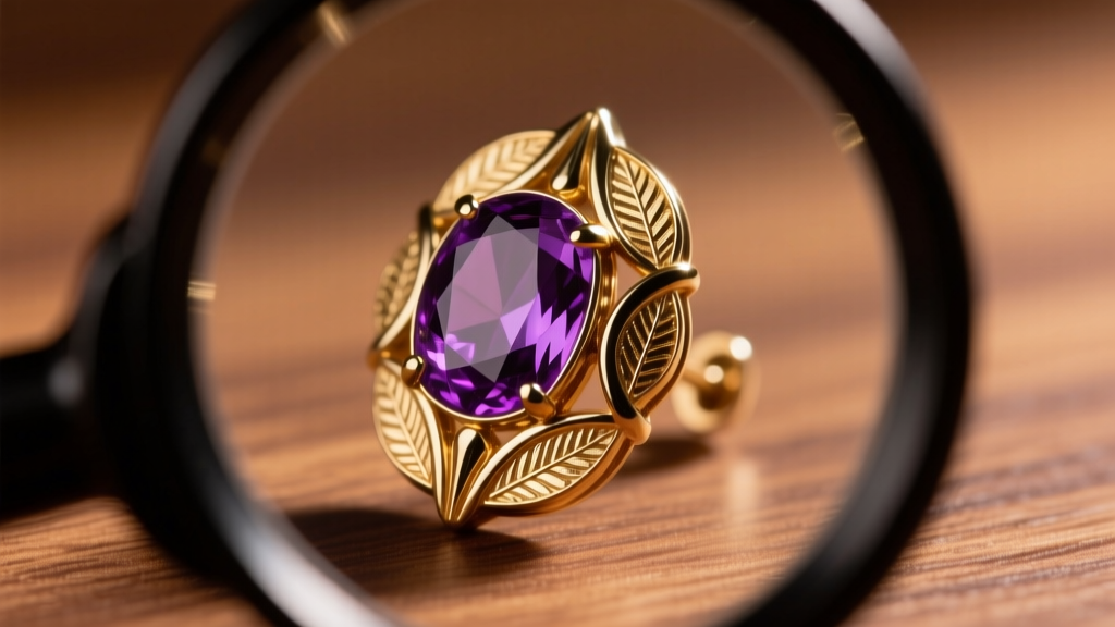 Close-up jeweler loupe view examining foil backing of a reproduction art deco amethyst earring under bright warm light on wood.