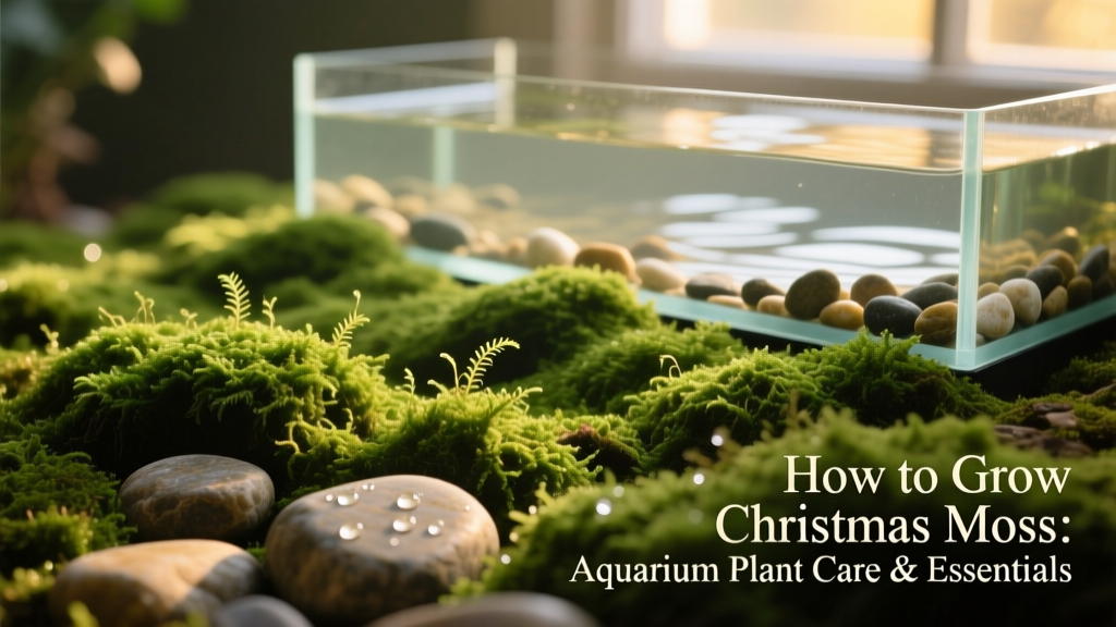 Aquarium foreground showing Christmas moss forming a dense, emerald-green carpet over smooth river stones