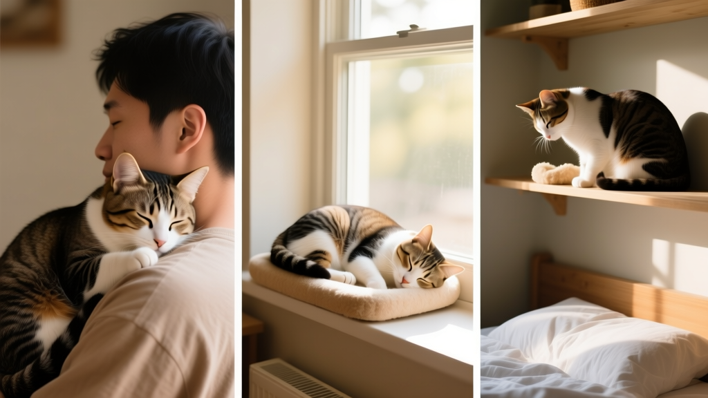 Side-by-side comparison showing three distinct cats: one snuggled against a human shoulder, one napping peacefully in a sunlit window perch, and one calmly grooming on a high shelf