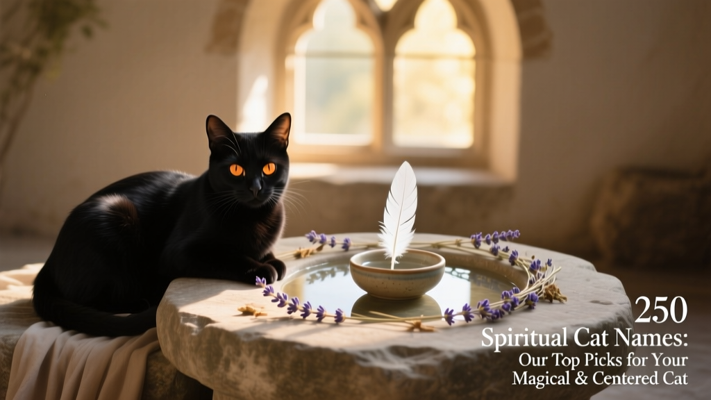 A sleek black cat resting beside a stone altar with dried lavender, a small bowl of water, and a feather