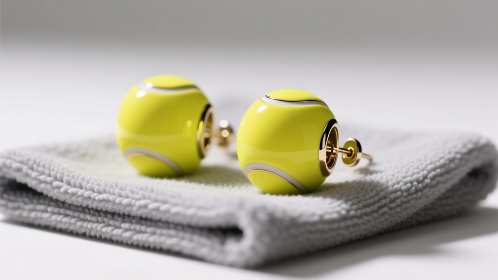 Close-up of neon yellow enamel tennis ball earrings resting on a gray microfiber cleaning cloth under bright, soft studio lighting