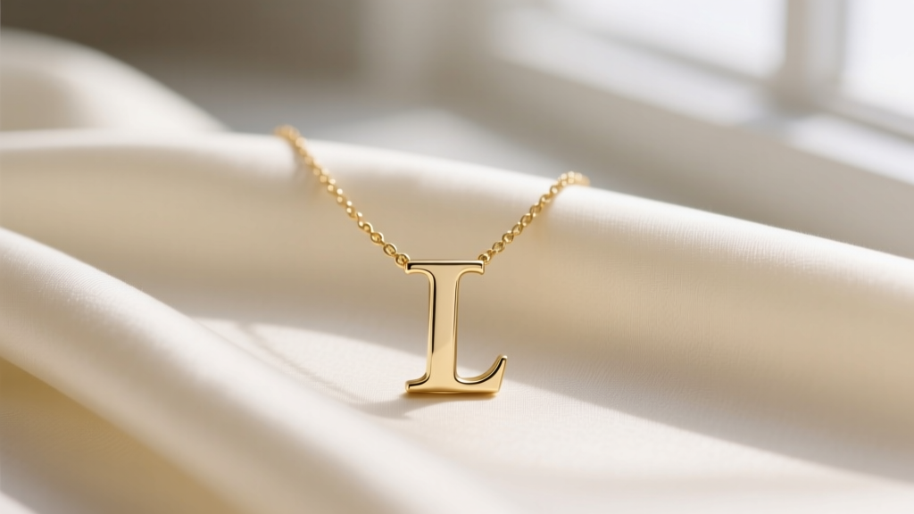 14k solid gold initial necklace on cream silk, highlighting the brushed metal finish and a minimalist serif letter design.