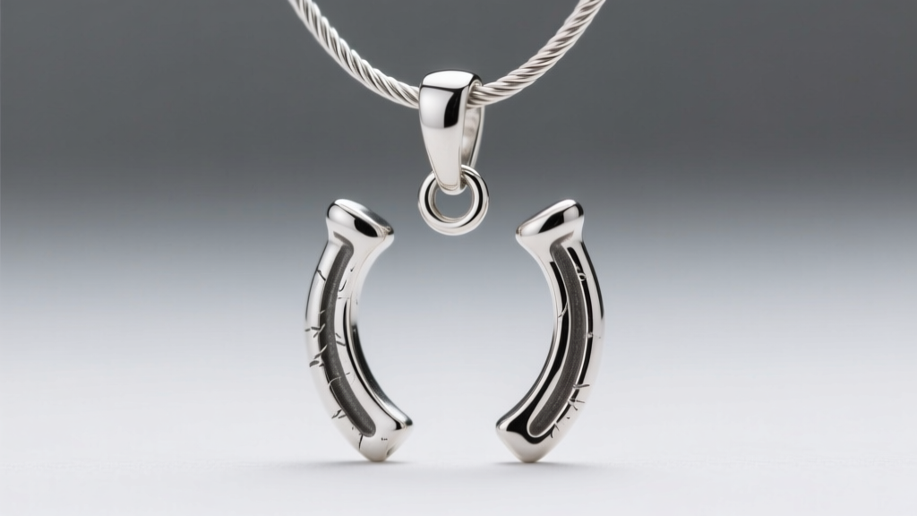Macro shot of a hidden bail on a sterling silver wishbone pendant, showing the jump ring attached to a delicate cable chain
