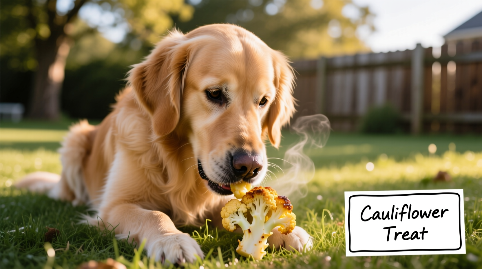 Golden Retriever eating small piece of cooked cauliflower