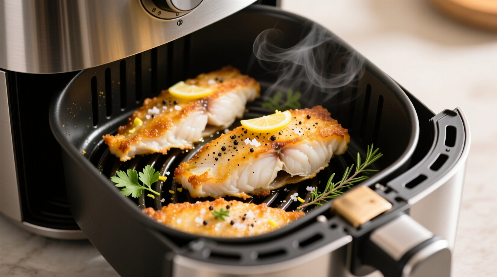 Perfectly cooked tilapia fillets in air fryer basket