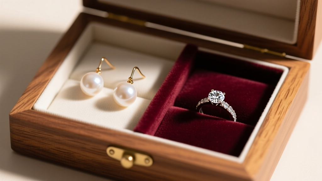 Stick pearl earrings in a lined wooden box, separated from diamond rings by velvet dividers, illuminated by warm ambient light.