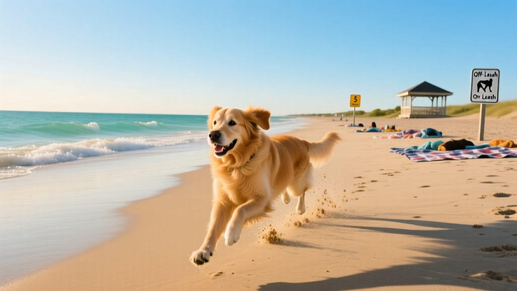 A golden retriever happily running along a sandy shoreline with gentle waves, under a clear blue sky