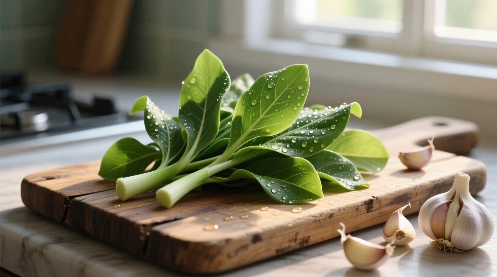 Fresh garlic leaves on wooden cutting board