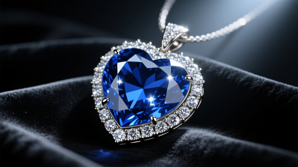 Close-up of a large heart-shaped blue sapphire pendant with a bright diamond halo resting on dark velvet under a dramatic spotlight